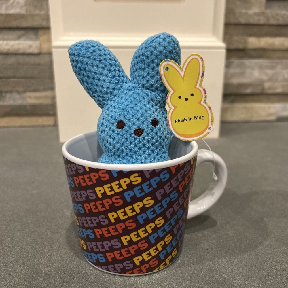 Blue Peeps Bunny Plush inside Rainbow Ceramic Mug